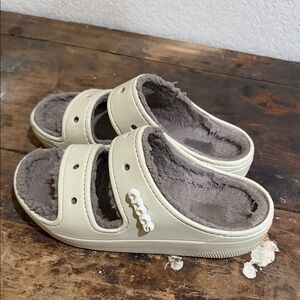 Crocs - Cream Slide Sandals with Faux-Fur Lining